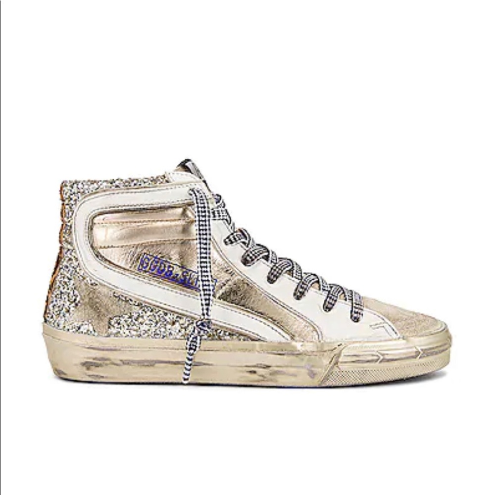 Golden Goose 
Slide Sneaker in Gold, Ice, White, & Beige Brown Leopard